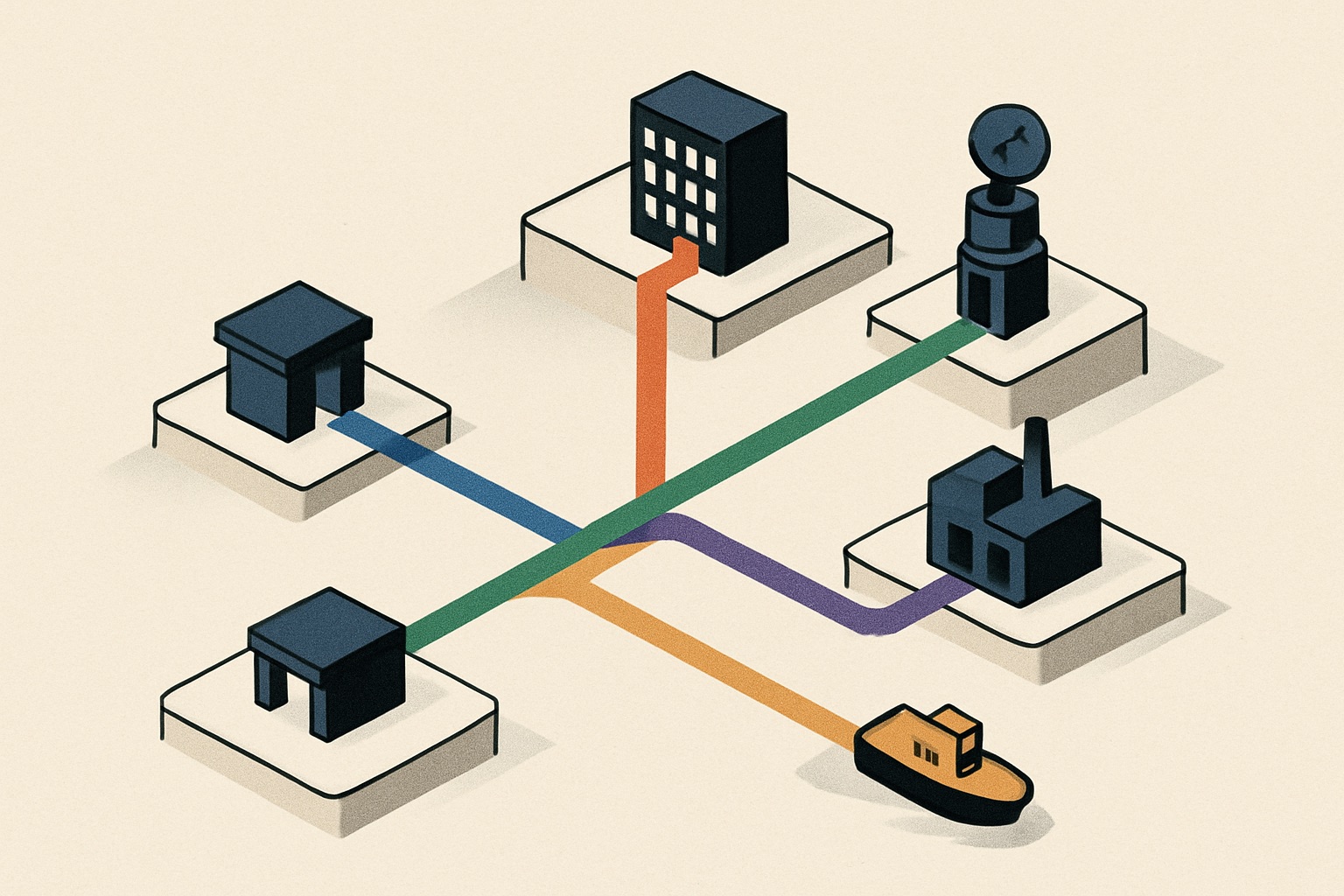 Illustration: five routes diverging from one starting point